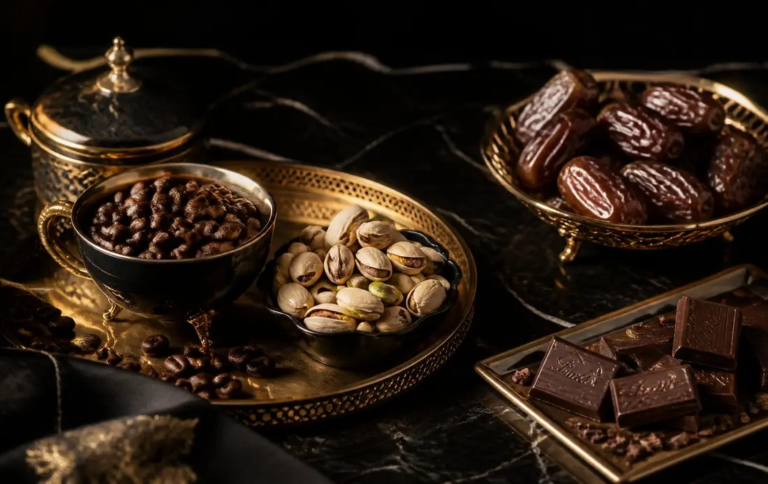 Freshly roasted coffee beans, premium nuts and dates in golden light